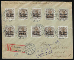 3 Pfg. jeweils per zehn als Mehrfach-Frankaturen auf zwei ...