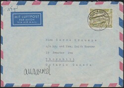 1 DM Bauten als EF auf Lupo-Überseebrief von Berlin-Neukölln 1956 ...