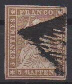 5 Rp. braun, gelber Seidenfaden, kl. Eckbug, mit sog. ...