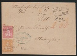 10 C. rosa (Eckfehler) und 20 C. orange auf Nachnahme-Chargé-Couvert ...