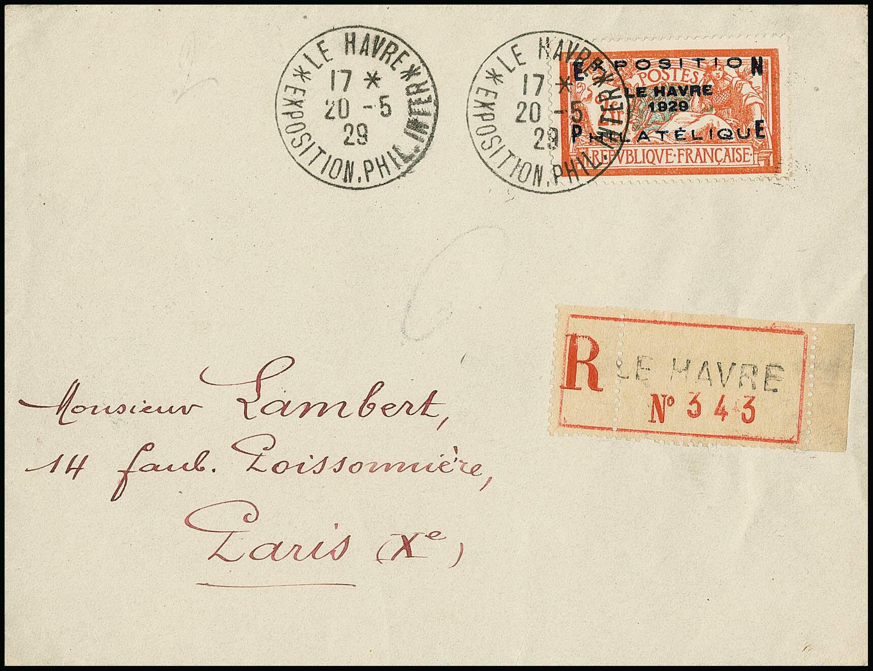 2 + 5 Fr. Ausstellung Le Havre einzeln auf R-Brief mit Messe-SST 1929 ...
