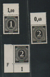 1 und 2 Pfg. als postfrische Plattendruck-Oberrandstücke dgz, sowie ...