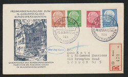 4, 10, 20 u. 30 Pfg. Heuss auf R-FDC nach London, Mi. 120 ...