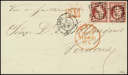 80 C. karmin, waagerechtes Paar, etwas berührt, auf Faltbrief der 2. ...