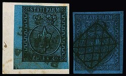 40 C. schw./blau und auf hellblau (kleine Bogenecke auf Briefstück), ...