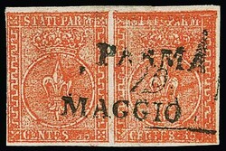 15 C. dunkelrot, voll- bis breitrandiges Prachtpaar mit L2 "Parma'", ...