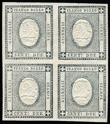 2 C. schwarz, Luxus-Viererblock, linke obere Marke kleiner Falzrest, ...