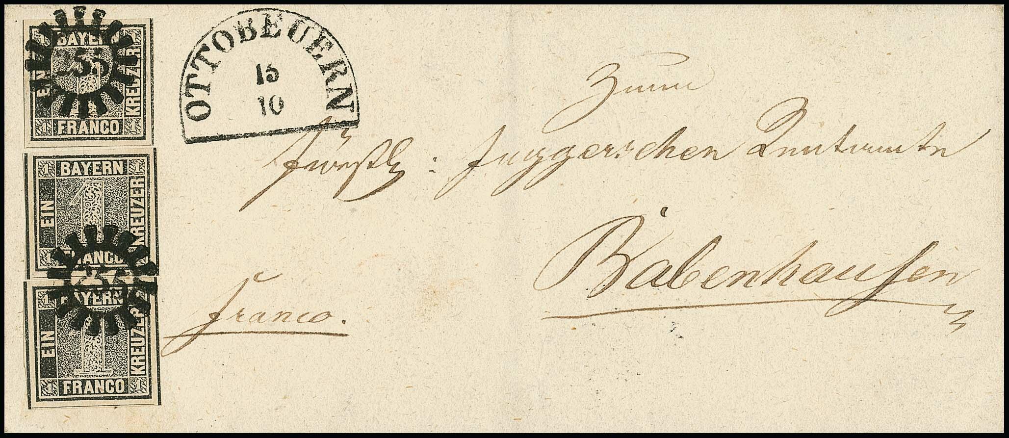 1 Kr. schwarz, Platte I, drei hervorragend breitrandige und ...