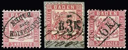 3 Kr. rosa, drei Werte mit seltener Entwertung durch Transitstempel, ...