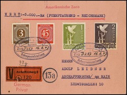 3 u. 45 Pfg. Ziffern, nebst 1 u. 2 Mk. Taube, auf Wertbrief aus ...