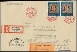 30 Pfg. 100 Jahre Briefmarken im Paar auf Nachsende-R-Brief von ...