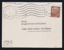 25 Pfg. Heuss Lumo als Einzelfrankatur auf portoger. Warenprobe der 4 ...