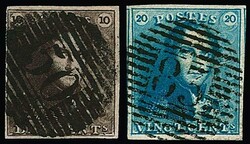 10 C. braun ("50") und 20 C. blau (überrandig, zwei Seiten ...