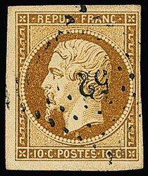 10 C. gelbbraun, teils sehr breitrandiges Kabinettstück mit PC "52", ...