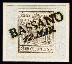 "Bassano", L2 bzw. K1 auf acht Briefstücken und fünf losen Marken, ...