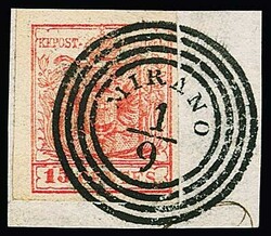"Mirano", L2 auf 15 C., sowie Vierringstempel auf drei teils ...