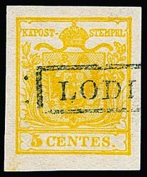 5 C. gelb, Kabinettstück mit klarem Ra1 "Lodi", Mi. 500 ...