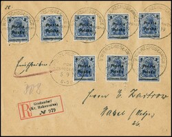 5 F. auf 20 Pfg. per acht, einmal mit Plattenfehler, auf R-Brief aus ...