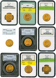 USA, 1876-1893, Bestand mit 10 Goldmünzen 10 $ Coronet Liberty Head ...