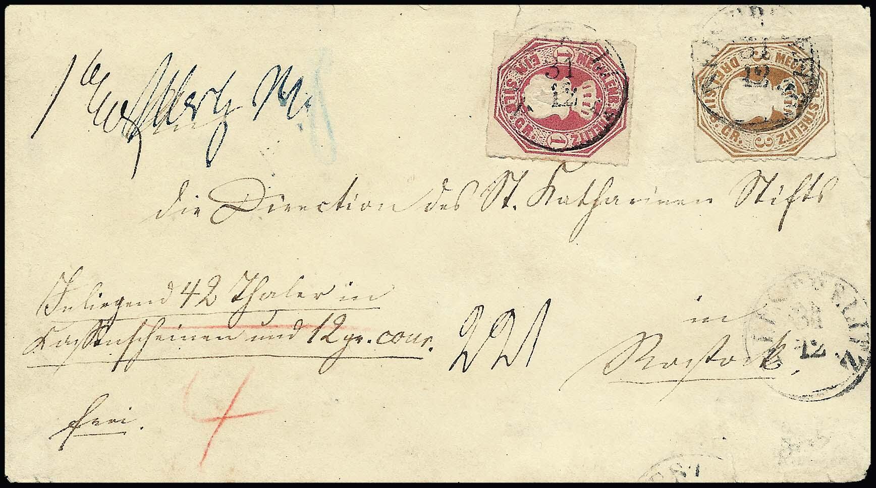 1 Sgr. rosa und 3 Sgr. ockerbraun auf Wertbrief mit K1 "Neustrelitz", ...