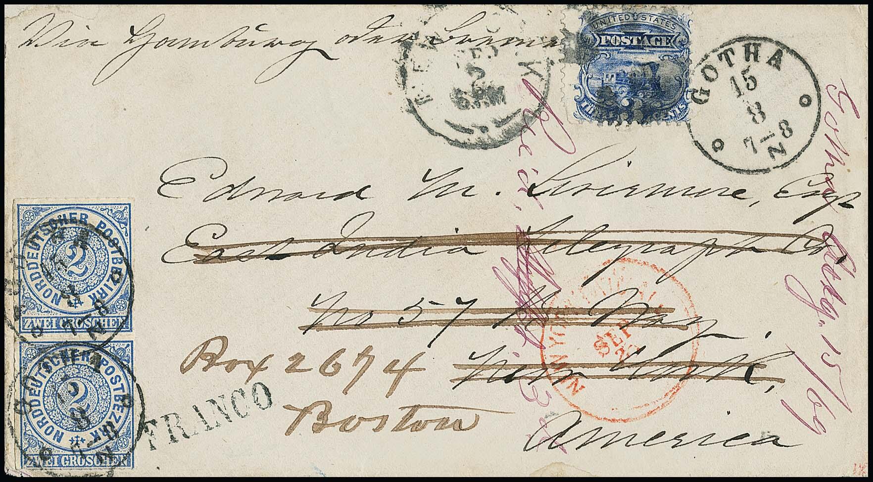 2 Gr. blau, Prachtpaar auf Couvert mit Taxis-K1 "Gotha" 1869 via ...