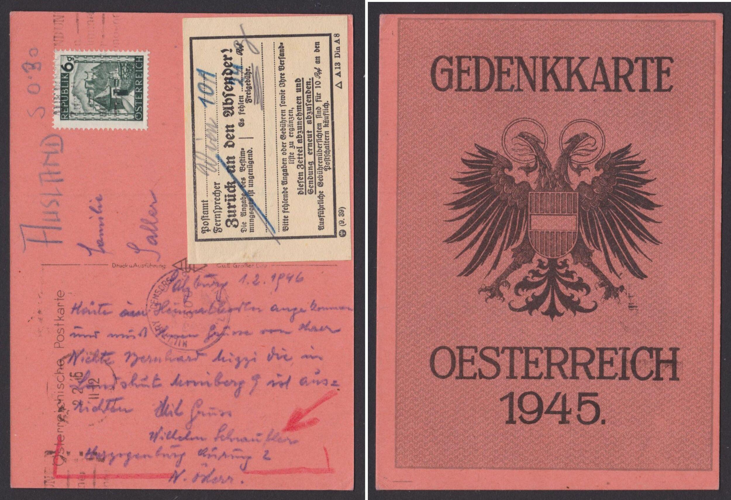 741, EF "Gedenkkarte 1945" in die CSR, Aufkleber "Nachgebühr"