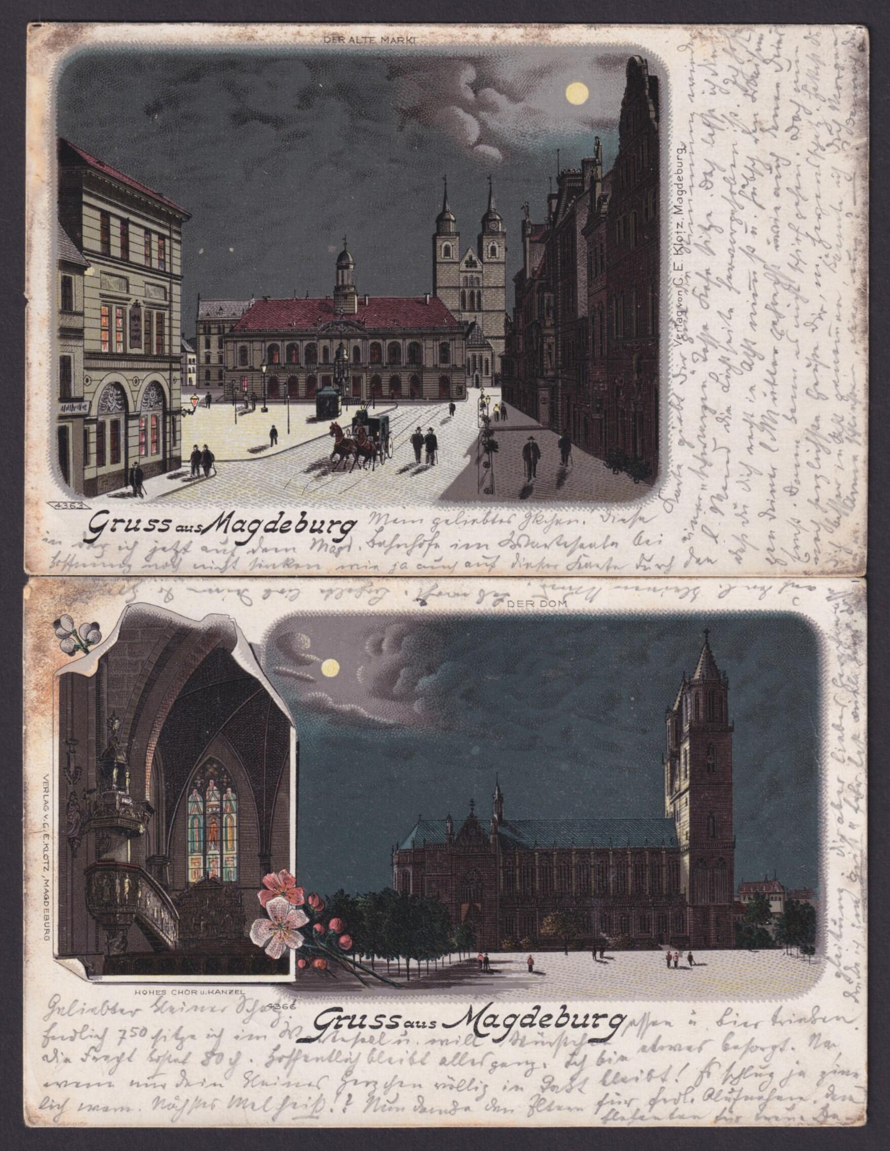 "Magdeburg", 2 farbige Karten, 1899 und 1900 gelaufenAutomatically ...