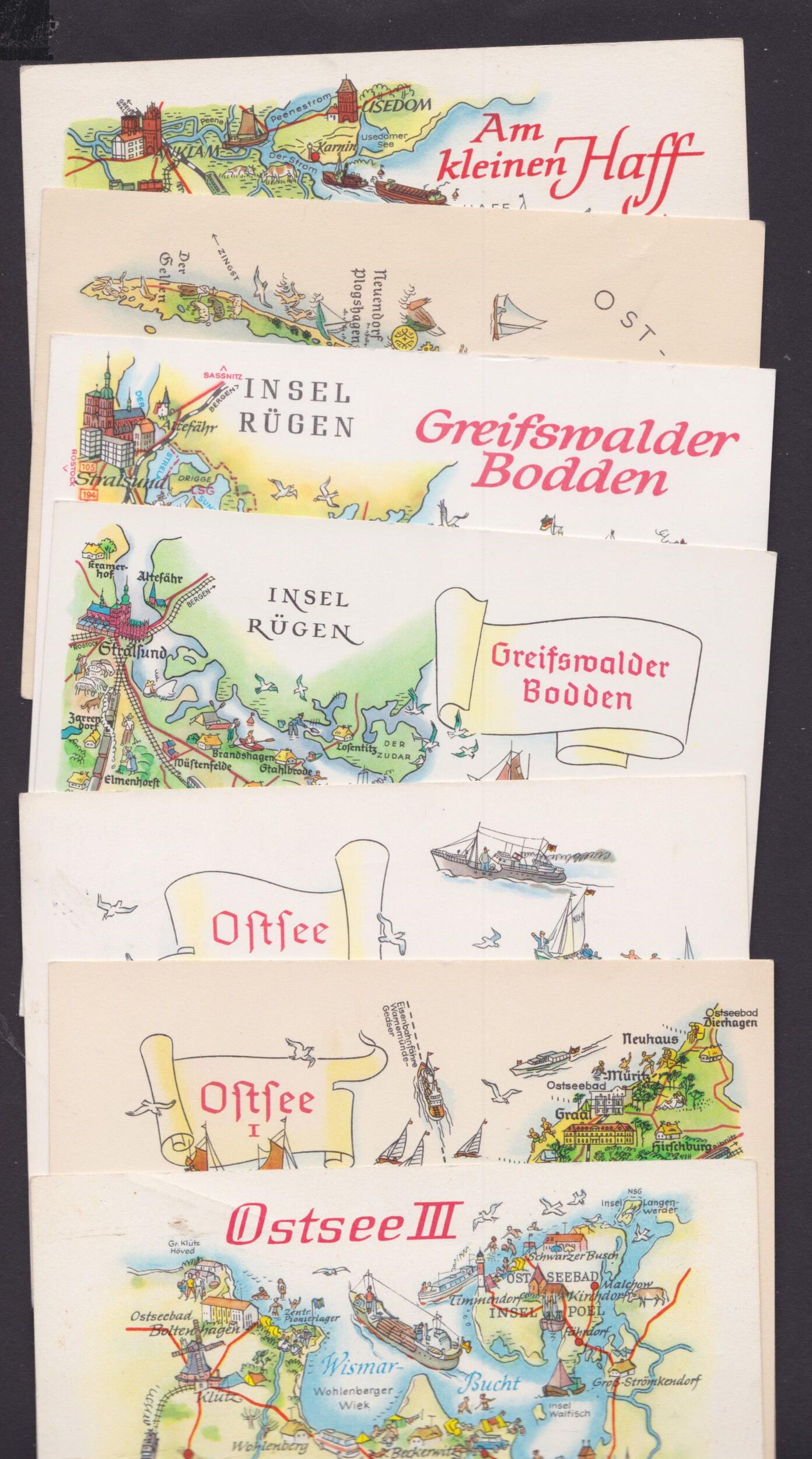 "Ostsee", 7 versch. Karten mit farbiger Übersicht, 50er/70er ...