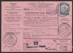 189 "Heuß", EF, Auslandspostanweisung "Hannover", 10.5 ...