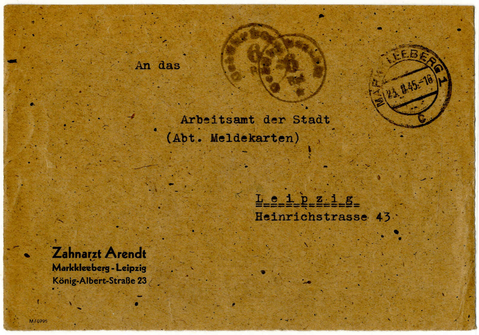 MARKKLEEBERG 23.8.45, Briefvorderseite mit zweimal K1 "Gebühr ...