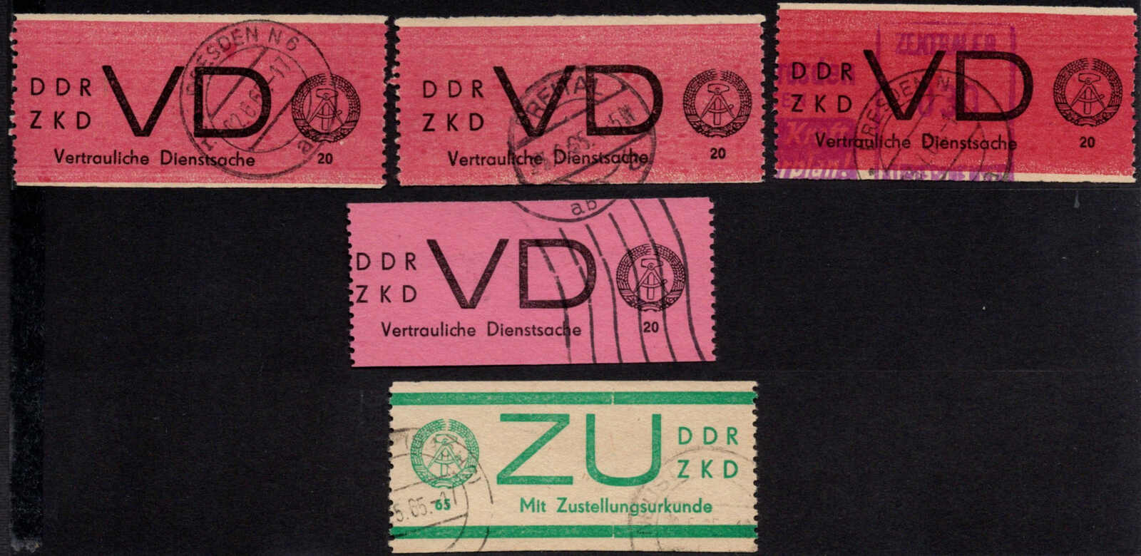 5 gestempelte Werte, dabei VD 1 in 2 Farbnuancen und mit PF I, VD 2 ...