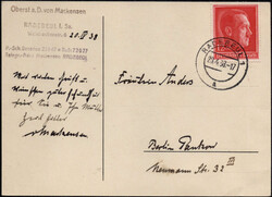 1938, 20.4., Fernpostkarte mit 12+38 Pf. Hitler von Radebeul nach ...