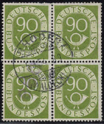 90 Pf. Posthorn, sauber zentr. gestempelter 4er-Block, senkr. leicht ...