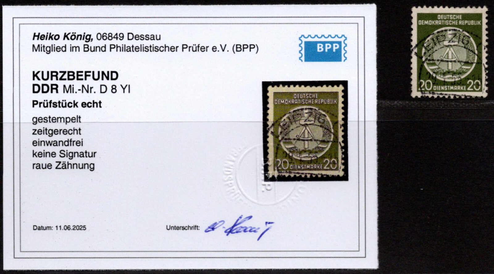 20 Pf. Odr., seltenes senkr. stehendes Wz., gestempelt, KB König ...