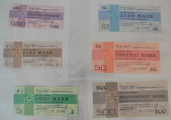 DDR, Forum Schecks 0,50 Pf., 1 M., 5 M., 10 M., 50 M. und 500 M., ...