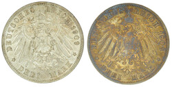 1908 und 1909, je 3 M. Wilhelm, F, teils Patina, vzAutomatically ...