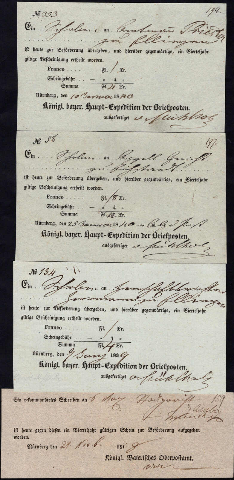 1818/40, 4 Postscheine des Bayr. Oberpostamtes bzw. Hauptexpedition ...
