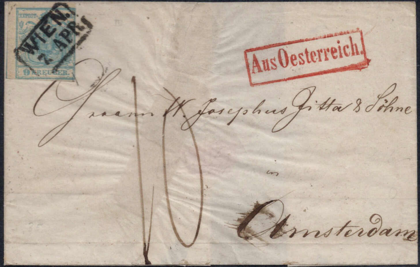 1851, 7.4., 9 Kr. Wappen, blau, Type I, auf Briefhülle mit Ra2 von ...