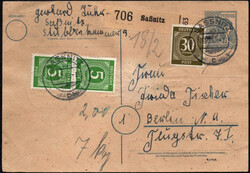 1948, 9.2., prov. Paketkarte (P 962) mit 5 Pf. Ziffer im senkr. Paar ...