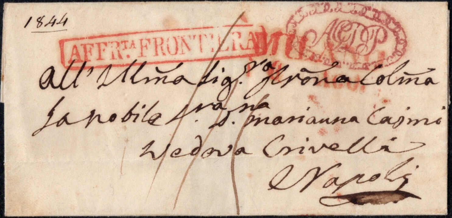 1844, Faltbriefhülle von Milano nach Neapel mit Zierstempel "ACDP" ...