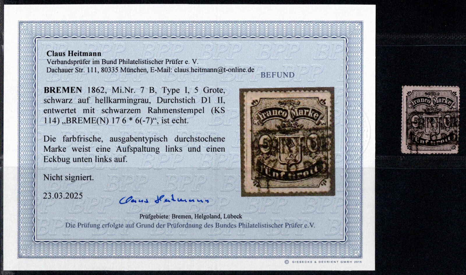 1862, 5 Gr. schwarz a. hellkarmingrau, Type I, Durchstich DI II, Ra2 ...