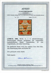 1859, 1 Sch. schwärzlichorange, geschnitten, entwertet mit 4 ...