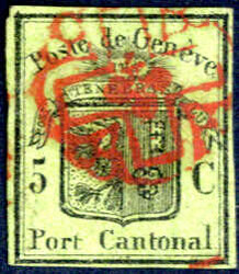 5 C. schwarz a. lebhaftgelboliv, kl. Genfer Wappen, breitrandig, ...