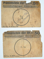 KZ Neuengamme, 2 Prämienscheine über je 0,50 RM, gebrauchte ...
