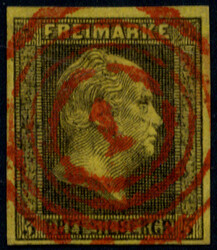 "1" (Aachen) zentr. roter Nummernstempel auf vollrandiger 3 Sgr. ...