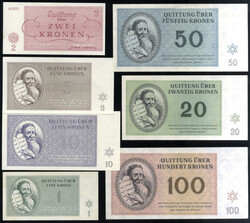 Theresienstadt, 1943, 7 Scheine von 1 bis 10 Kronen, fast ...