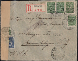 1915, R-Brief aus Ödkarby nach Brooklyn/N.Y. mit Ank.-St., 3 ...