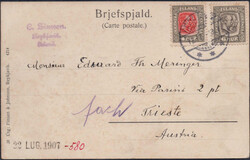 1907, 4 und 6 Aur. portogerecht auf Postkarte von Reykjavik nach ...