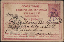 1895, türkische Postperiode: 20 Pa. Postkarte aus Caifa nach New ...
