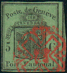 GENEVE, 1848, Großer Adler dunkelgrün, dreiseitig voll-überrdg., ...